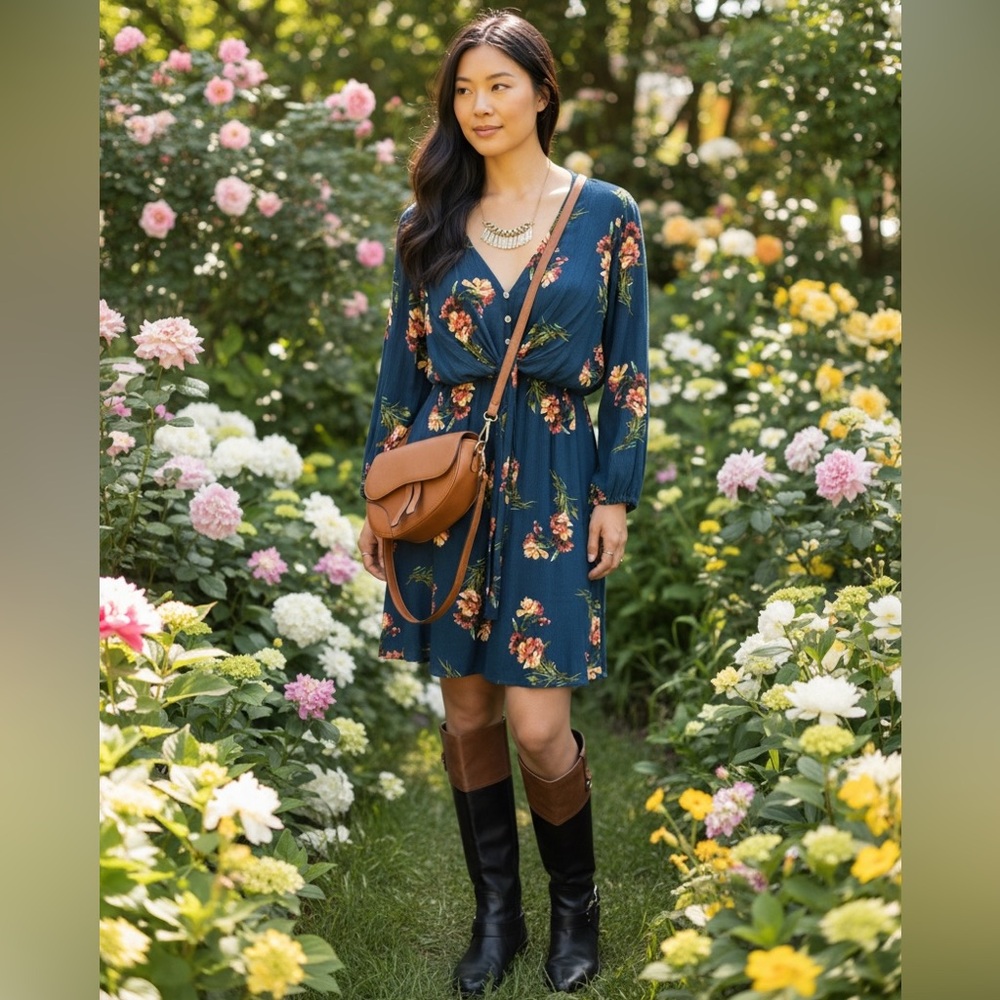 Staccato Floral Mini Dress - Navy and Orange